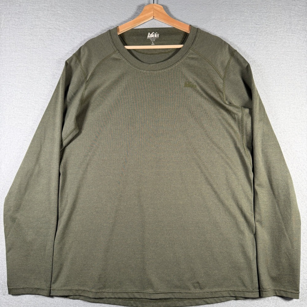 REI Mens Olive Green Micro Stripe Long Sleeve Base Layer Top Large RM-18468-F16
